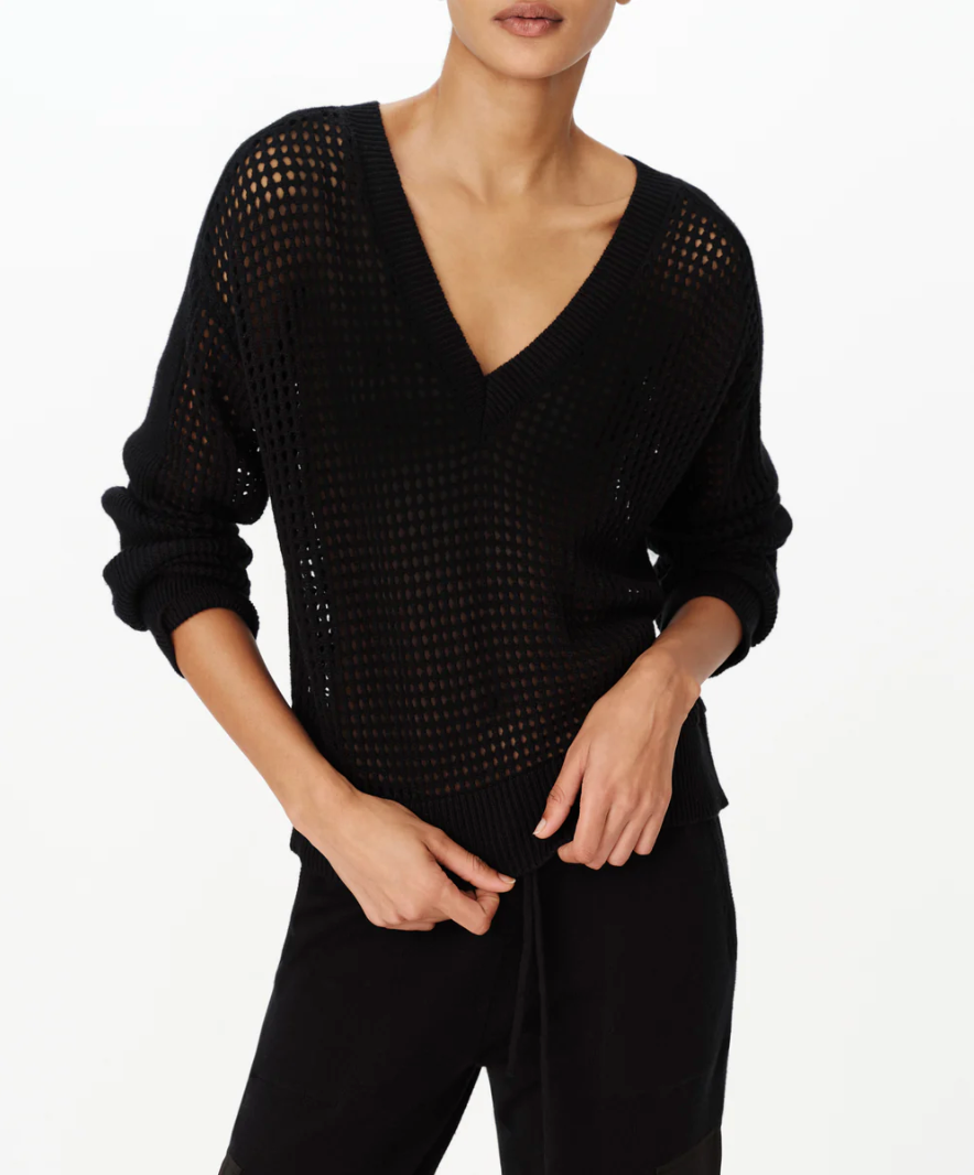 MESH STITCH V NECK COTTON CASHMERE SWEATER