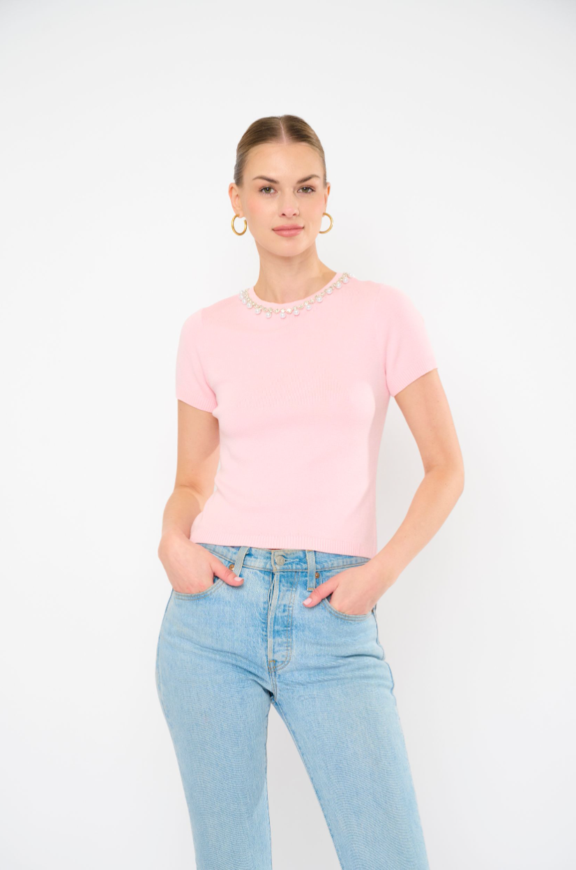 TIMMY KNIT TOP SS WITH CRYSTAL NECK