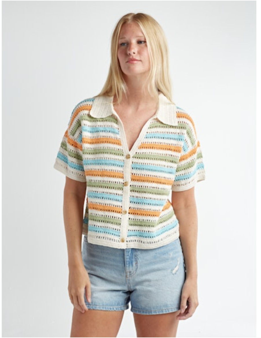 CROCHET SS STRIPE CARDIGAN
