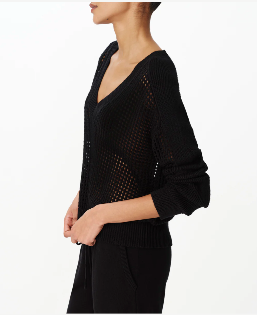MESH STITCH V NECK COTTON CASHMERE SWEATER