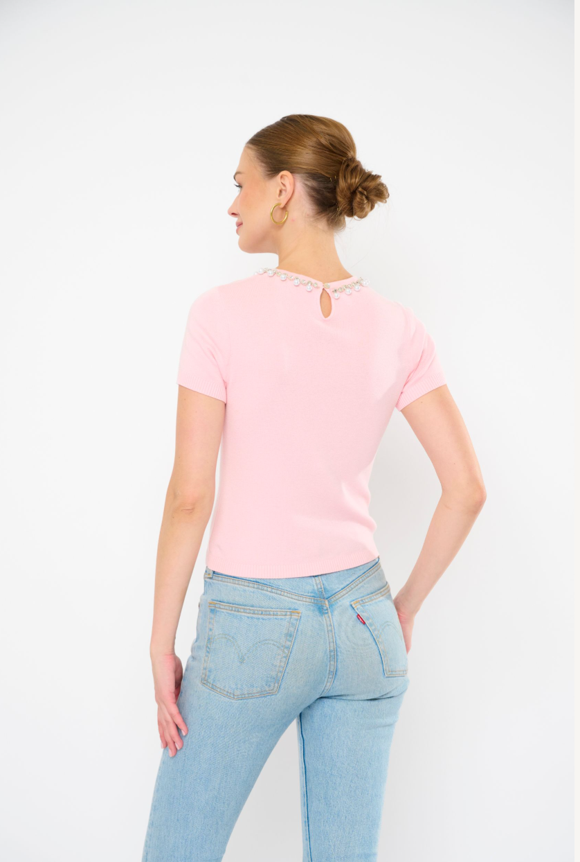 TIMMY KNIT TOP SS WITH CRYSTAL NECK