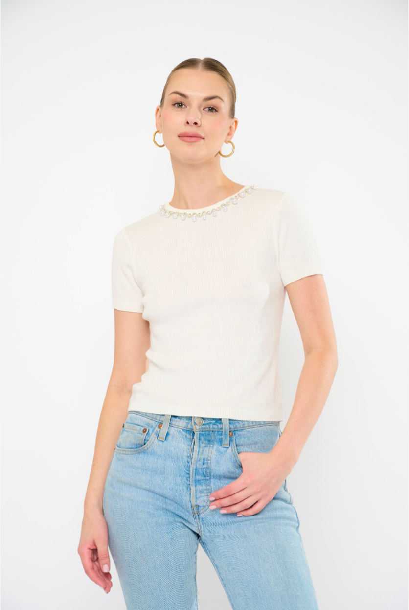 TIMMY KNIT TOP SS WITH CRYSTAL NECK