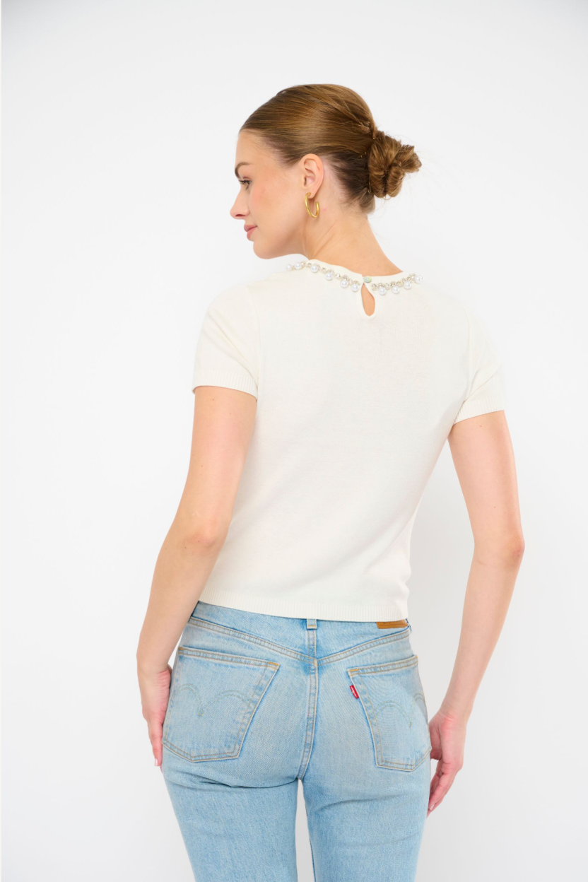 TIMMY KNIT TOP SS WITH CRYSTAL NECK