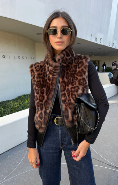 FAUX FOX VEST WITH LEATHER TRIM