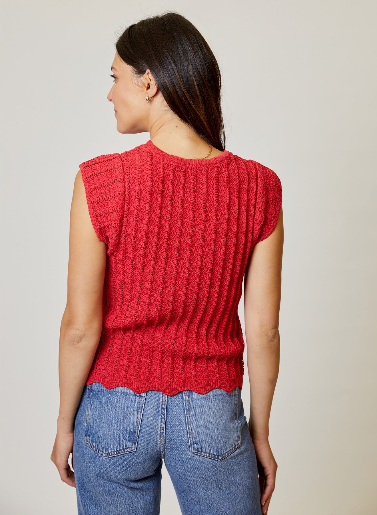SCOOP NECK SLV CROCHET SWEATER