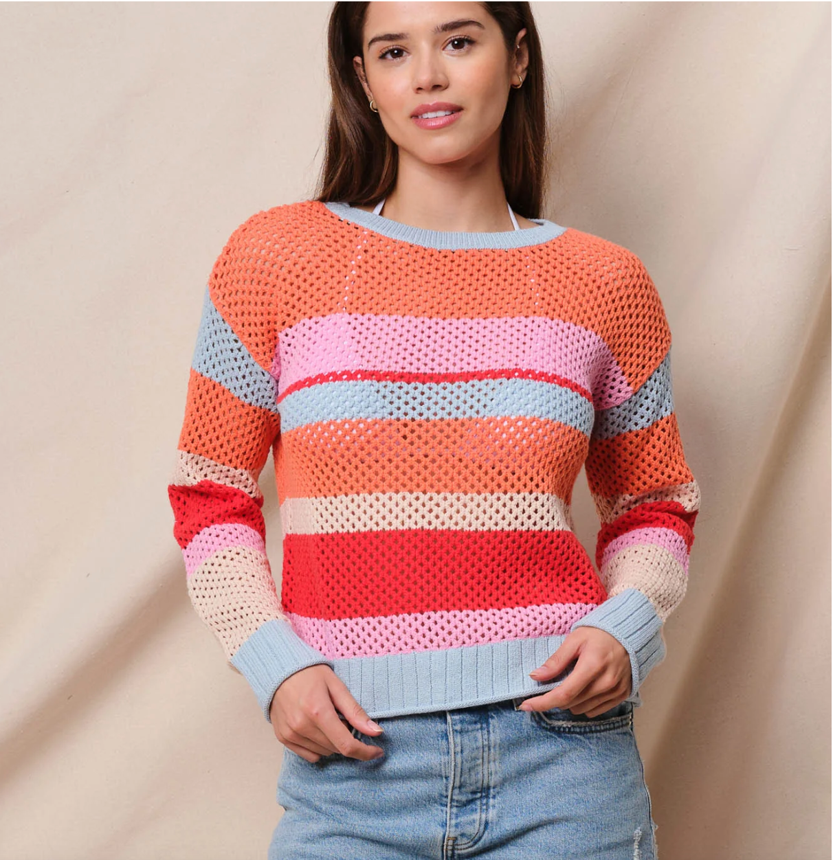 MESH STRIPE PULLOVER SWEATER