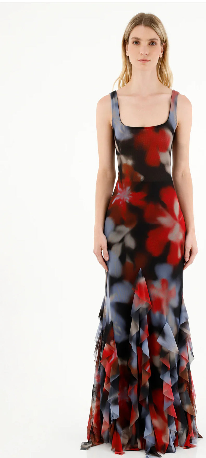 RADIANT LONG MAXI DRESS WITH CASCADING RUFFLES