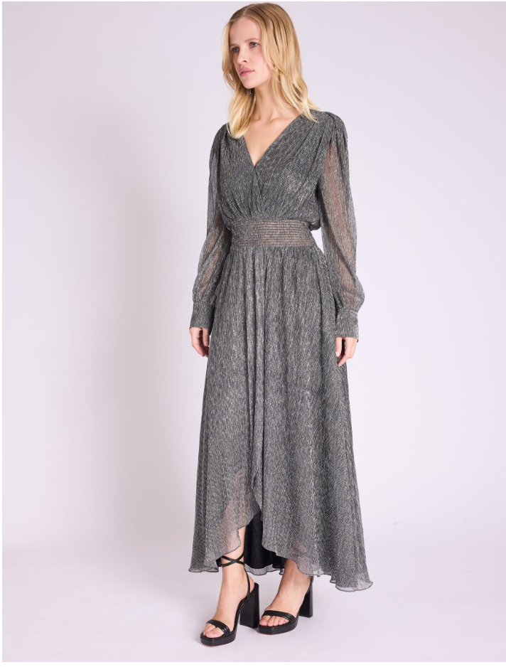 LONG SILVER LUREX DRESS WITH BELTED CINCHED WAIST