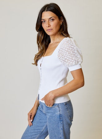 SHORT SLEEVED MIX MEDIA KNIT/COTTON TOP