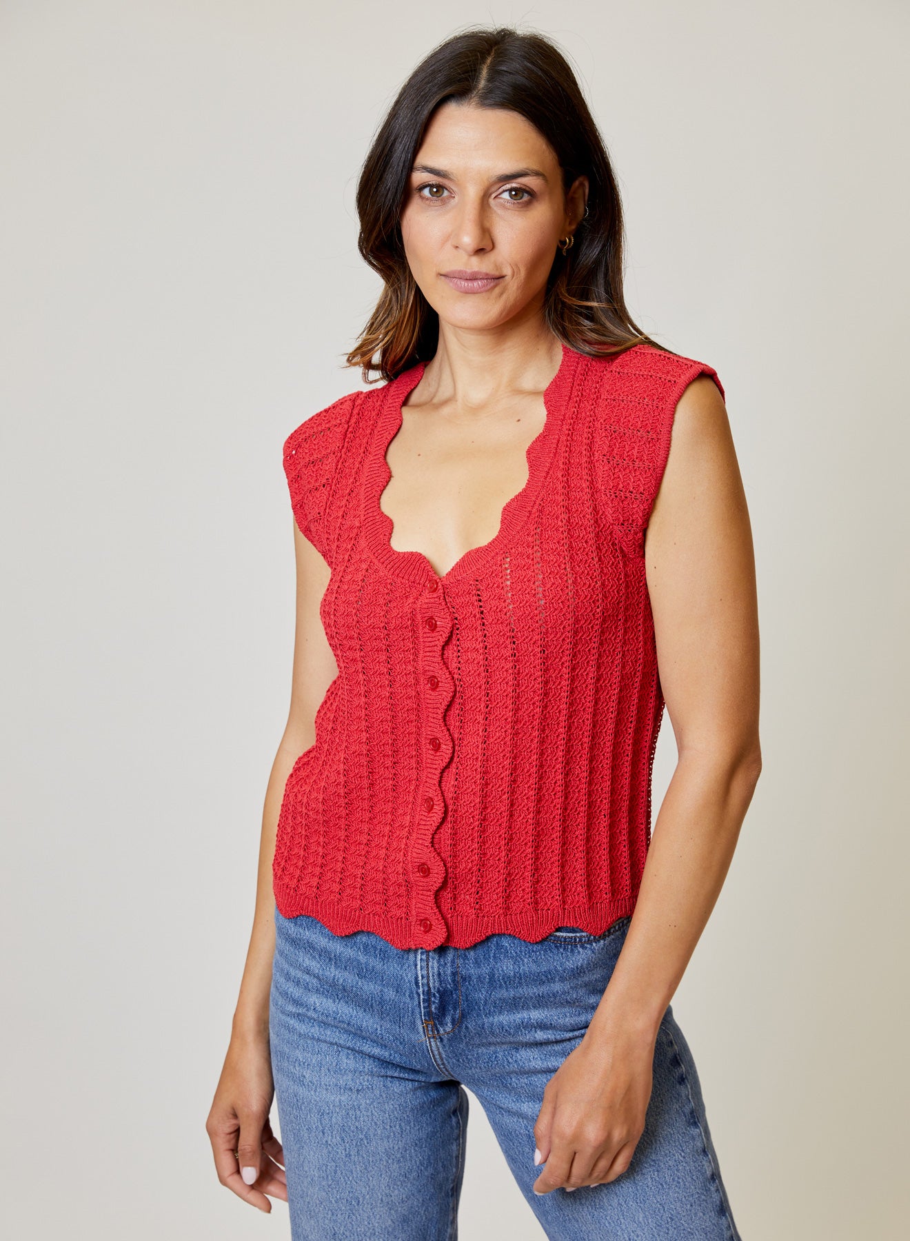 SCOOP NECK SLV CROCHET SWEATER