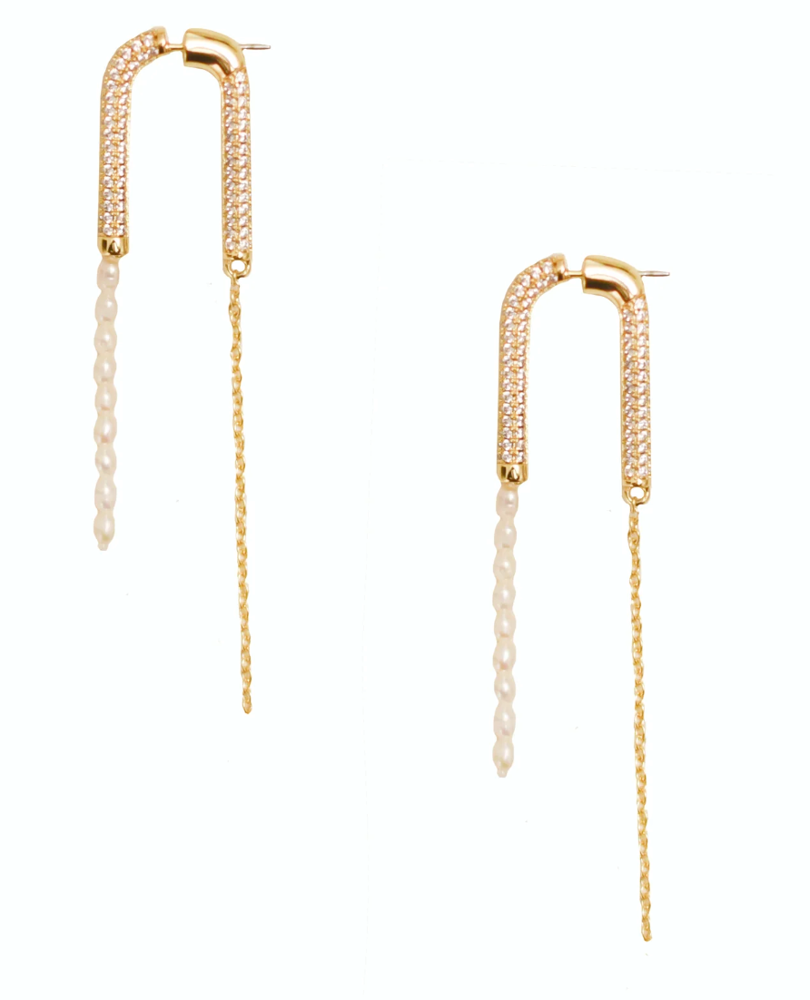 PAVE WATERFALL EARRINGS PEARL & CZ