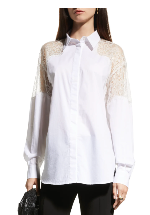 PINKO CLOTILDE LACE DETAIL ON SHOULDER COTTON BLOUSE