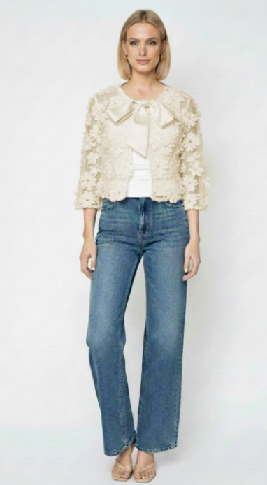 FRANCIE CROP JACKET WITH FLORAL APPLIQUE