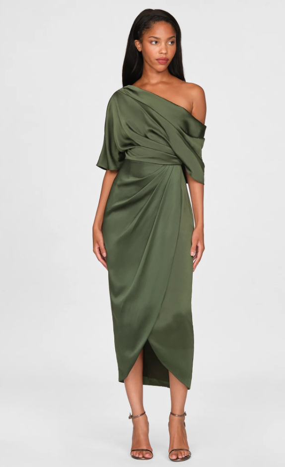 RAYNA ONE SHOULDER DRAPED MIDI DRESS
