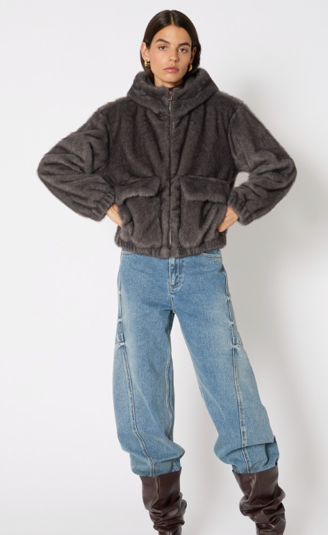 FAUX RABBIT BOMBER WITH HOOD