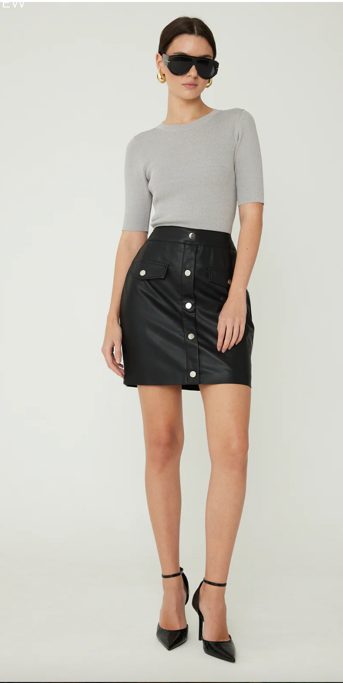 THE DASHA DRESS WITH SWEATER KNIT BODICE AND FAUX LEATHER PENCIL SKIRT