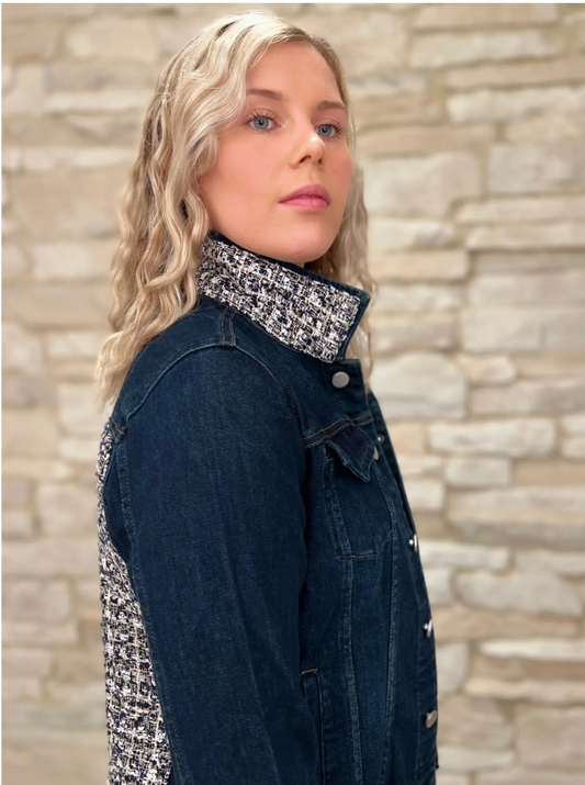 DARK DENIM JEANS JACKET WITH NAVY TWEED PRINT