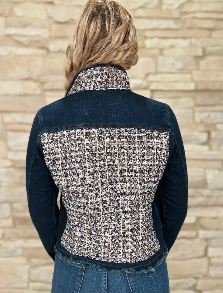 DARK DENIM JEANS JACKET WITH NAVY TWEED PRINT