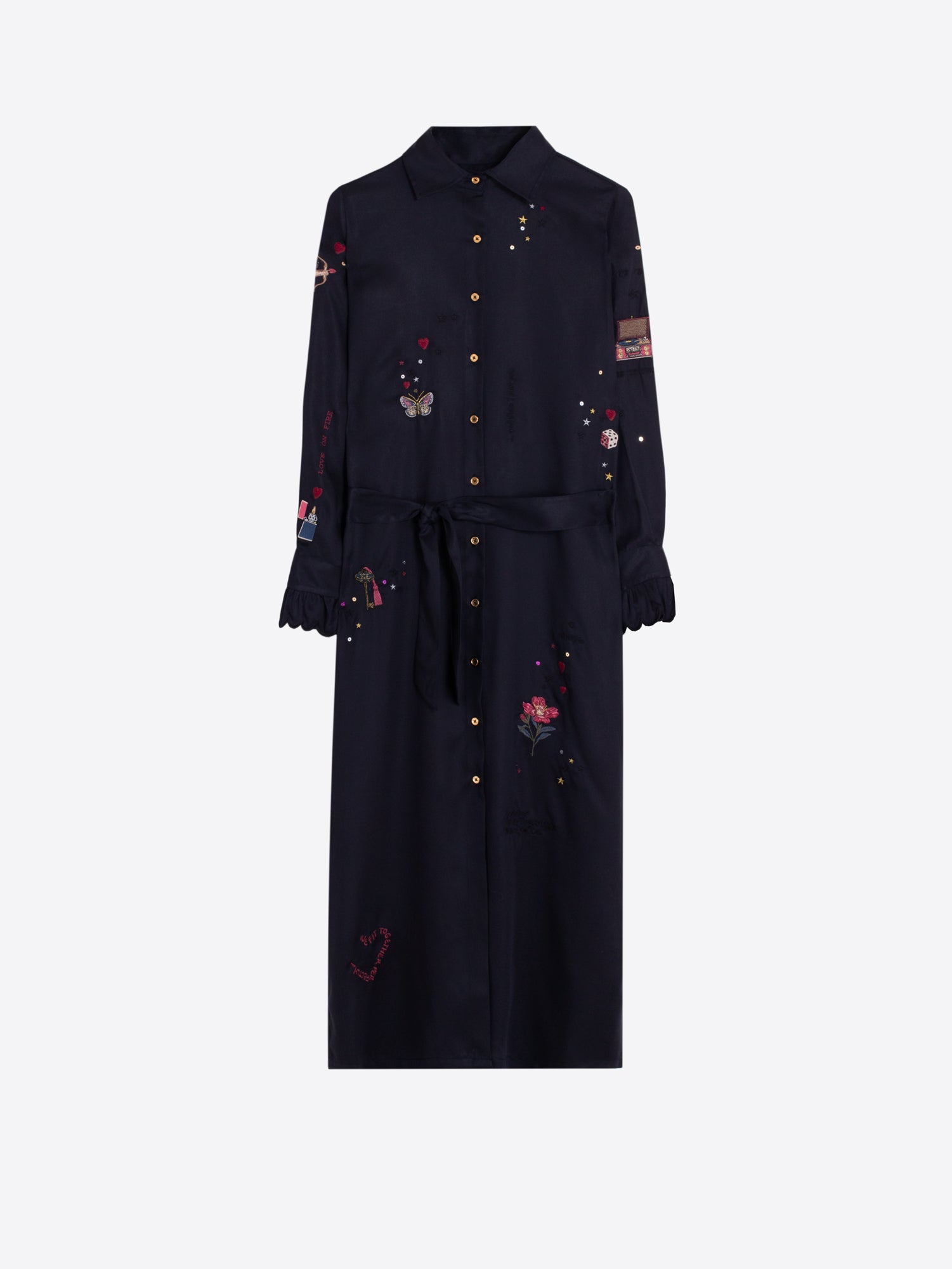 LONG COAT WITH TIE WAIST AND APPLIQUES
