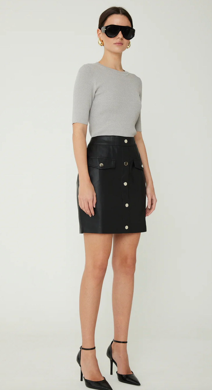 THE DASHA DRESS WITH SWEATER KNIT BODICE AND FAUX LEATHER PENCIL SKIRT