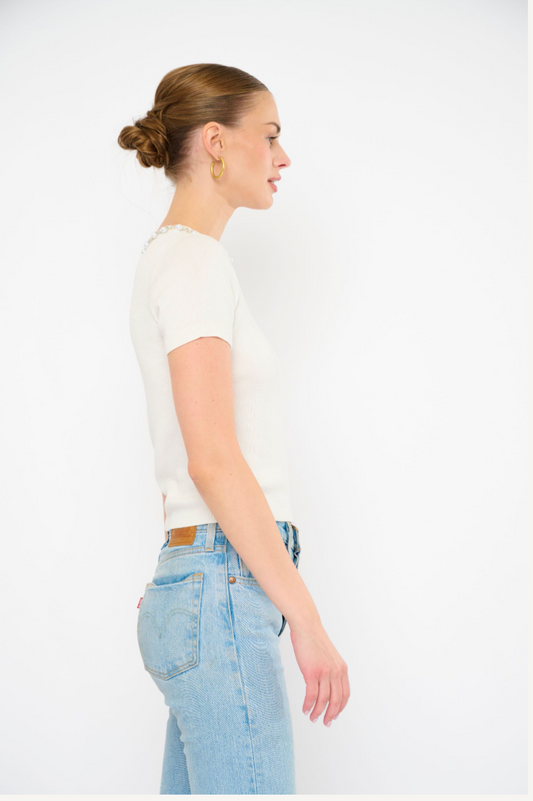 TIMMY KNIT TOP SS WITH CRYSTAL NECK
