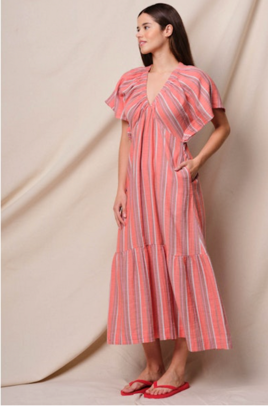 STRIPE VNECK DRESS WITH RUFFLE SLEEVE GAUZE