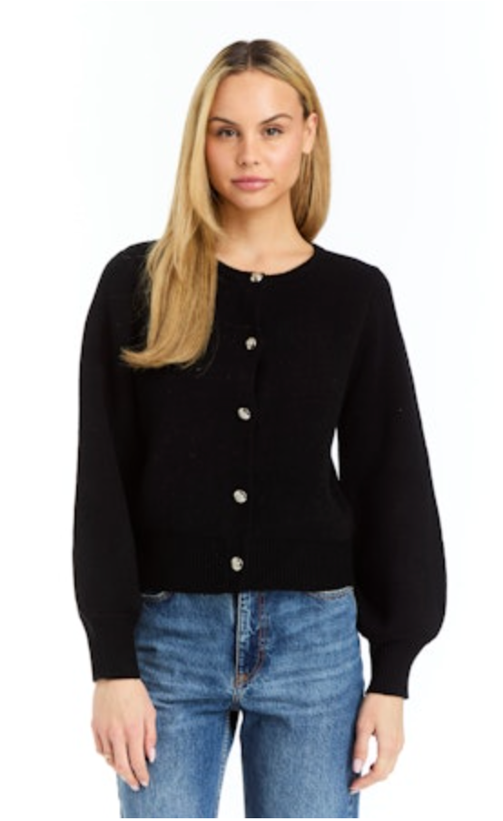 MOYLIE CARDIGAN WITH SILVER BUTTONS AND PUFF SLEEVE