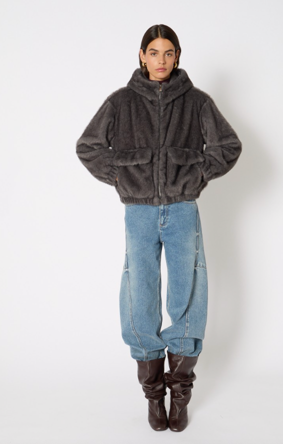 FAUX RABBIT BOMBER WITH HOOD