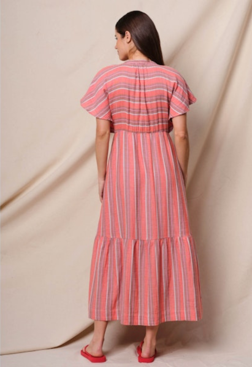 STRIPE VNECK DRESS WITH RUFFLE SLEEVE GAUZE