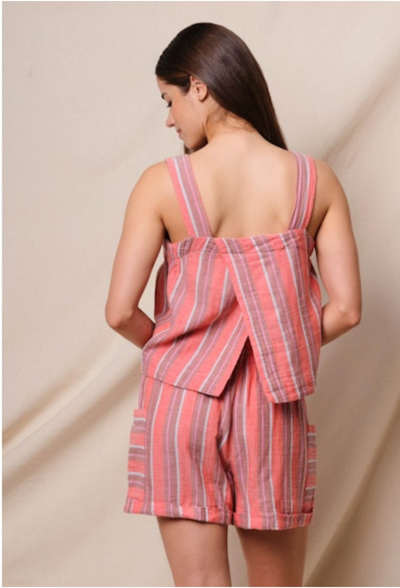 STRIPE SHORTS WITH TIE FRONT GAUZE