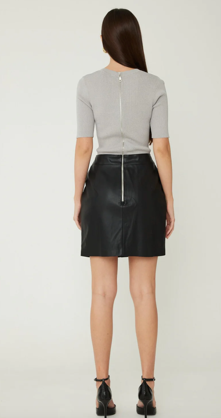 THE DASHA DRESS WITH SWEATER KNIT BODICE AND FAUX LEATHER PENCIL SKIRT