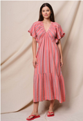 STRIPE VNECK DRESS WITH RUFFLE SLEEVE GAUZE