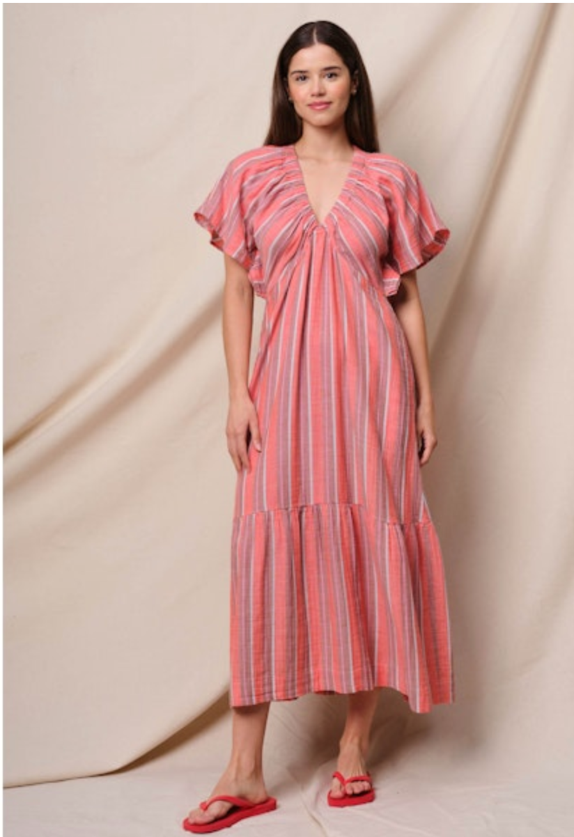 STRIPE VNECK DRESS WITH RUFFLE SLEEVE GAUZE