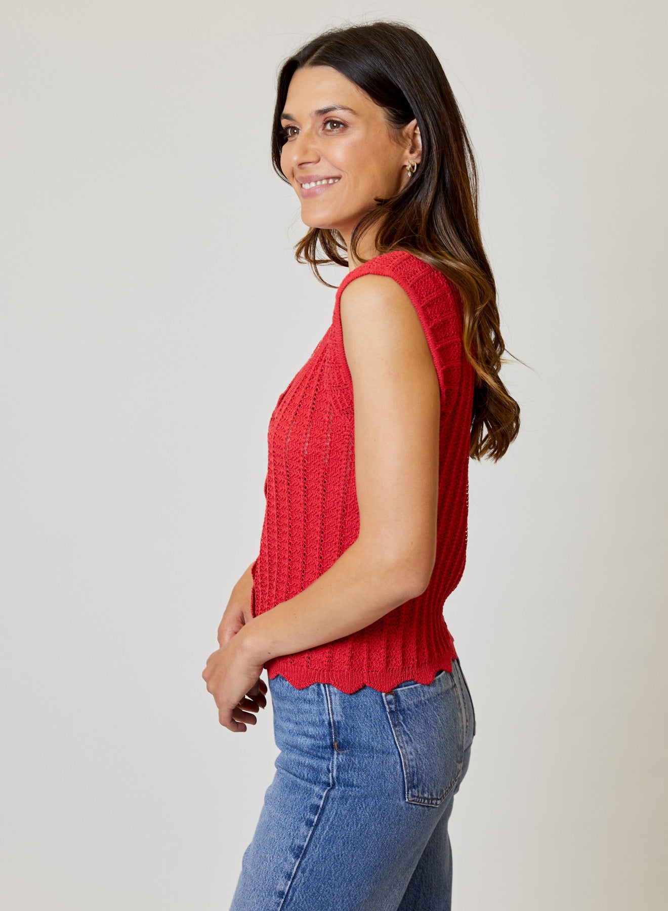 SCOOP NECK SLV CROCHET SWEATER