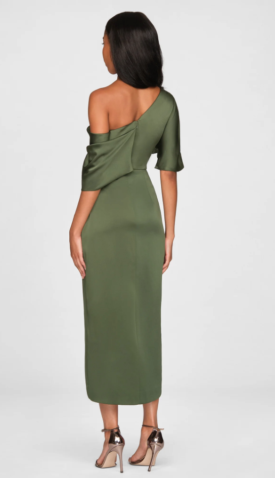 RAYNA ONE SHOULDER DRAPED MIDI DRESS