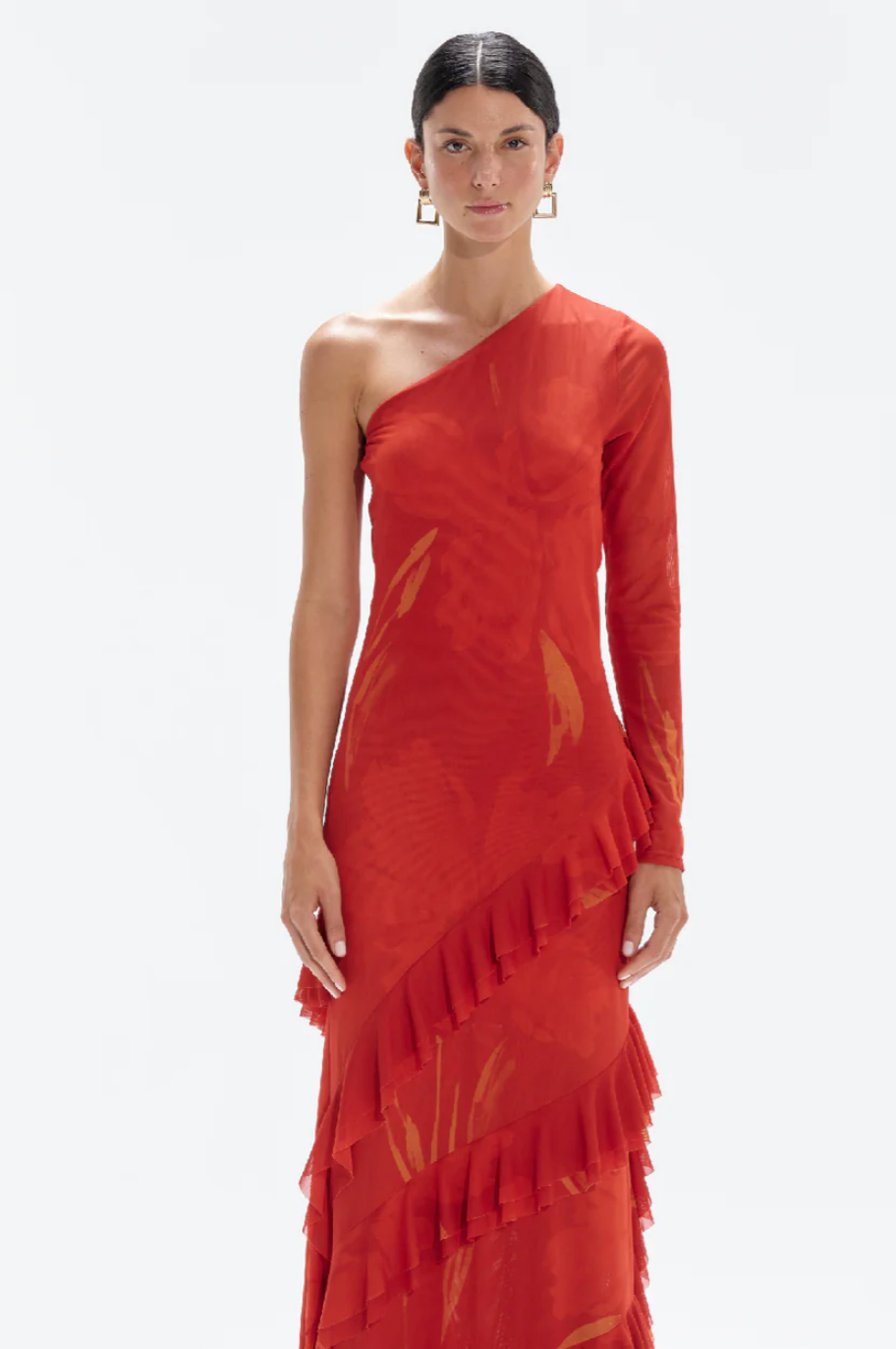 GLOWVINE ONE SHOULDER RUFFLE HEM S