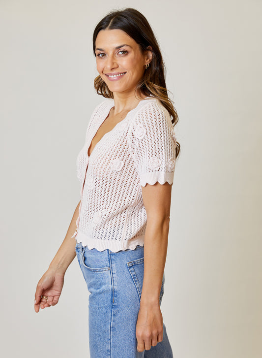 FLOWER DETAIL SHORT SLEEVE CARDIGAN