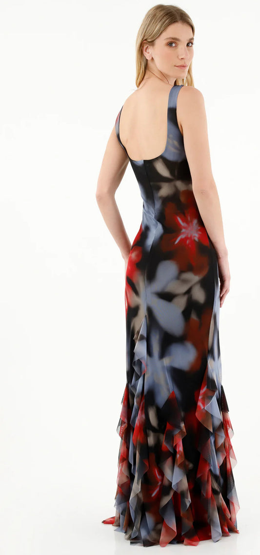 RADIANT LONG MAXI DRESS WITH CASCADING RUFFLES