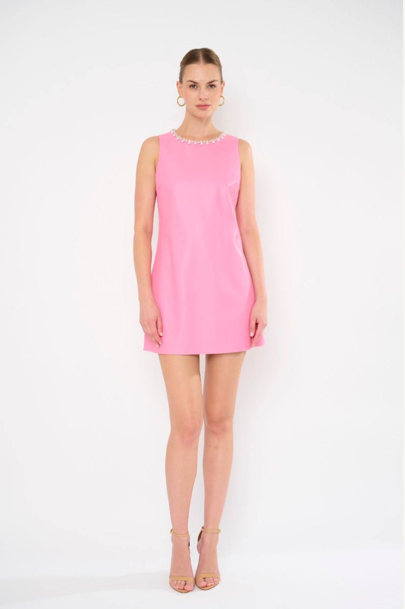 ELLIS DRESS VEGAN LEATHER SLEEVELESS WITH CRYSTAL TRIM