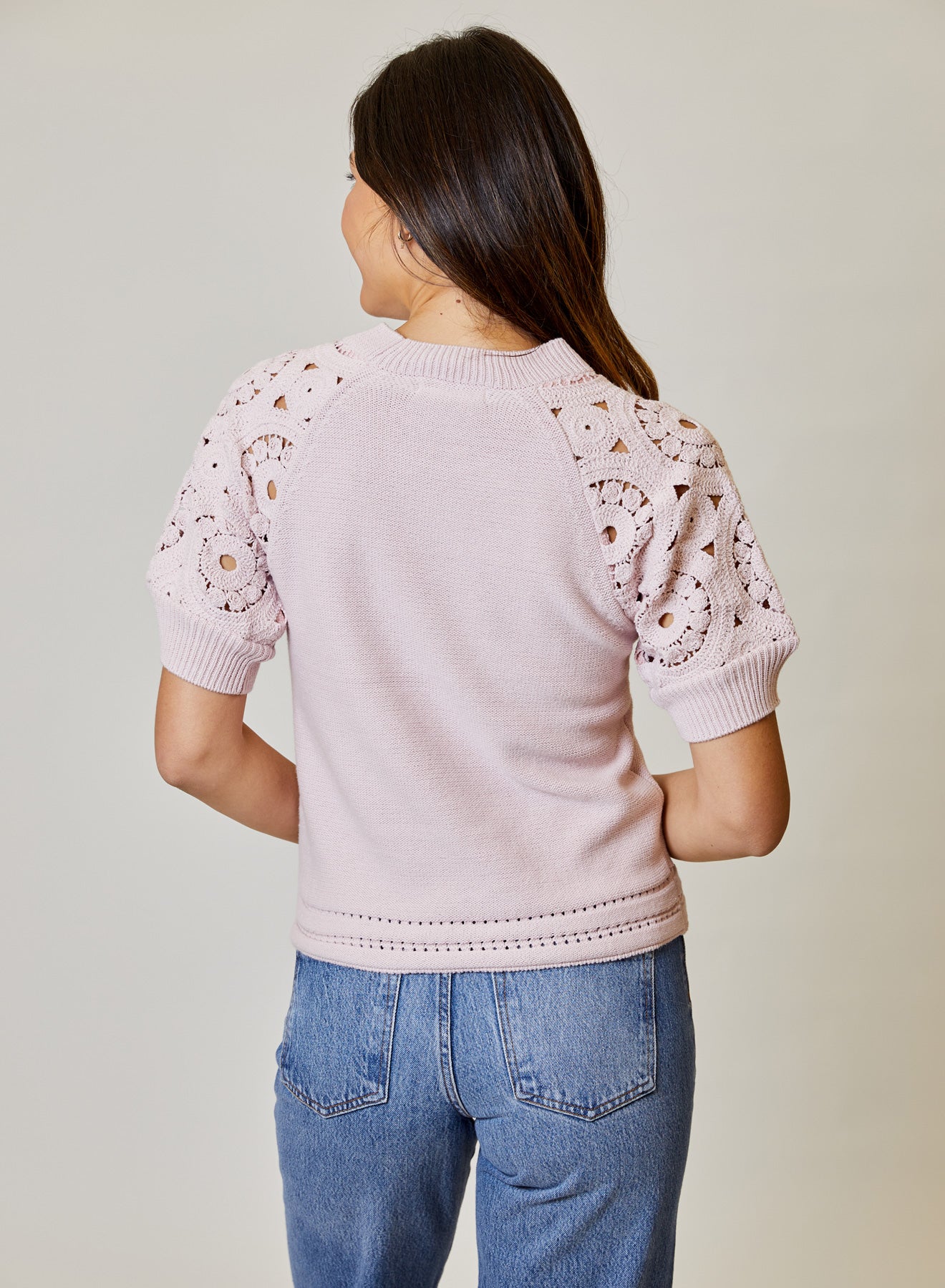 CROCHET PUFF SLEEVE ROSETTE SHORT SLEEVE SWEATER