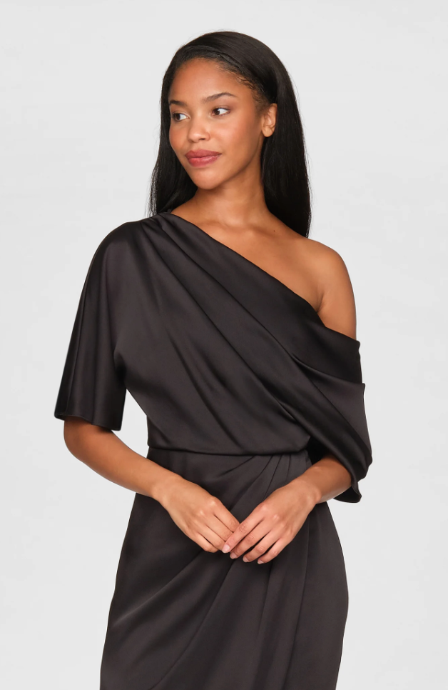 RAYNA ONE SHOULDER DRAPED MIDI DRESS