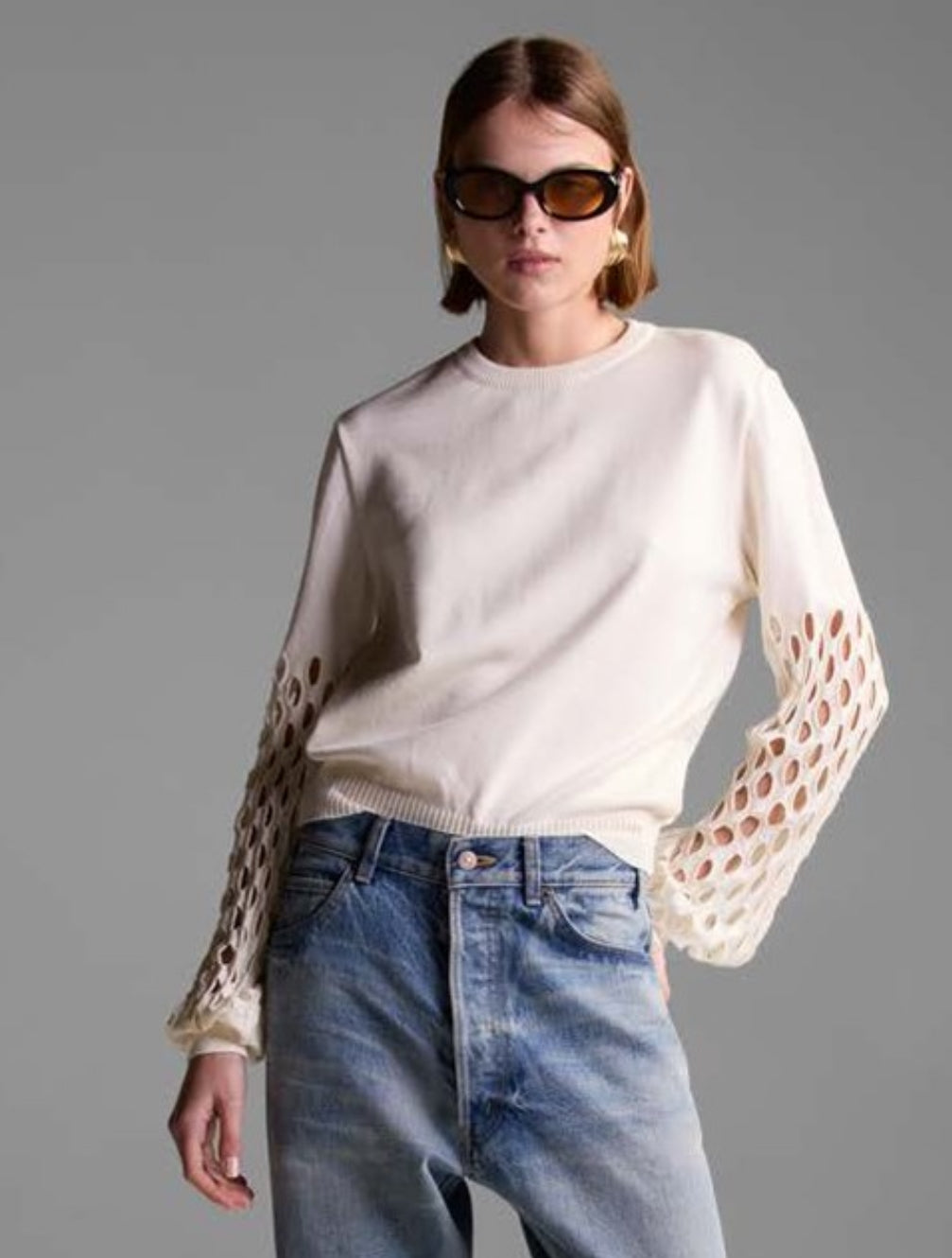 MIDTOWN PERFORATED BALLOON SLEEVE L/S SWEATER