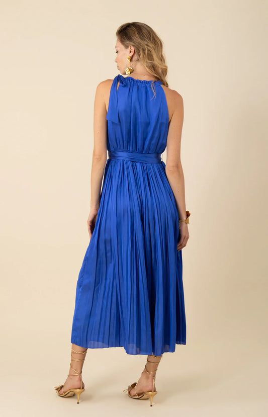 CHELSEA CHIFTON HALTER SOLID PLEATED DRESS