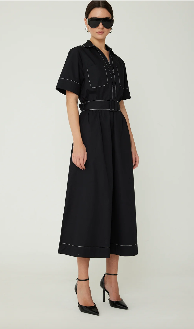 THE CARMEN SS CLASSIC SHIRT DRESS WITH BELTED WAIST AND TOPSTITCHING DETAIL