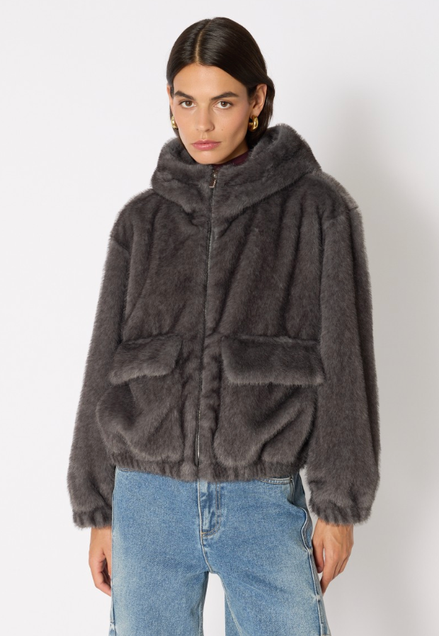 FAUX RABBIT BOMBER WITH HOOD