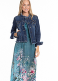 COLLARLESS JEAN JACKET WITH FRAYED EDGES