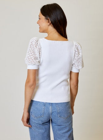SHORT SLEEVED MIX MEDIA KNIT/COTTON TOP