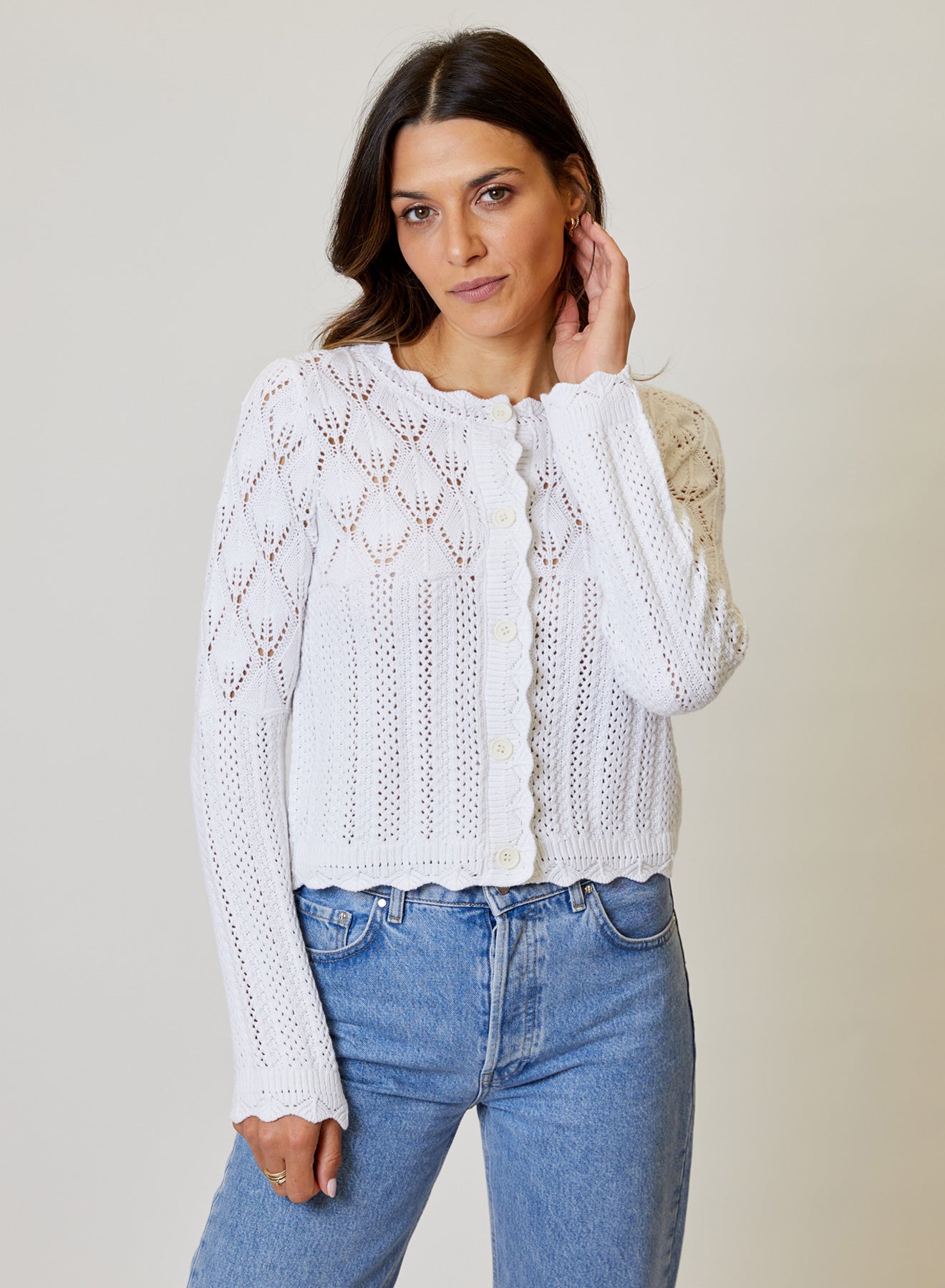 LONG SLEEVE CROCHET BUTTON FRONT CARDIGAN