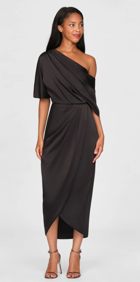 RAYNA ONE SHOULDER DRAPED MIDI DRESS