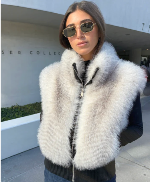 FAUX FOX VEST WITH LEATHER TRIM